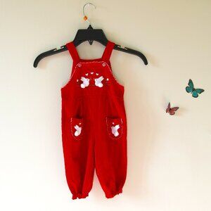 Baby Cotton Red Corduroy Embroidery Applique White Bunny Overalls Sz. 6-9 Months